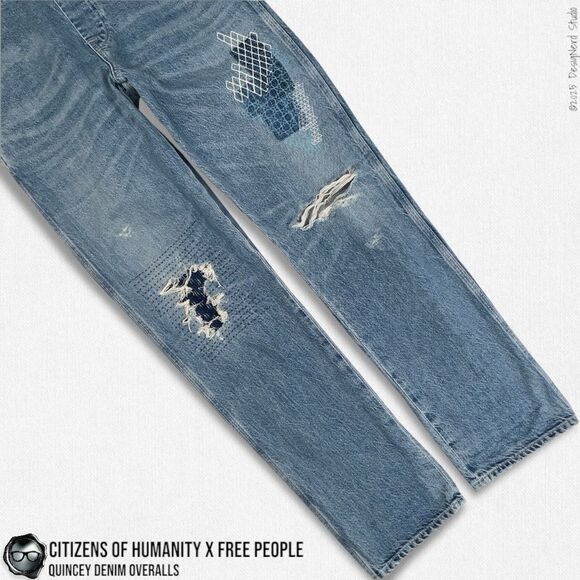 CITIZENS OF HUMANITY X FREE PEOPLE QUINCEY PATCHWORK EMBROIDERED DENIM OVERALLS - Picture 9 of 16